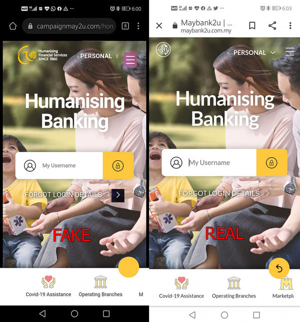 Azizul shared screenshots comparing the phishing website (left) and the real Maybank2u page (right).