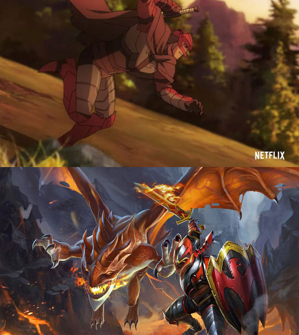 A screenshot of Dragon Knight in the upcoming anime (top) and a loading screen poster of the same character in the game.