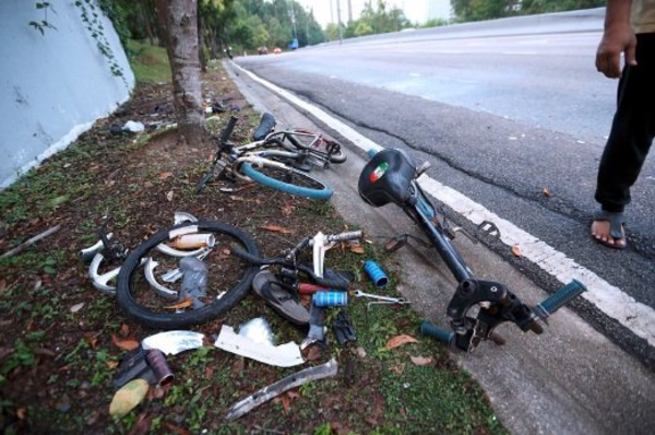 Remnants of the damaged bicycles involved in the accident.