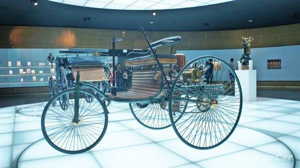 A replica of the 1886 Benz Patent Motorwagen at the Mercedes-Benz Museum in Stuttgart.