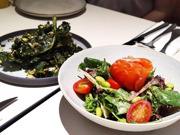 Charred choy tam and salmon graviax.