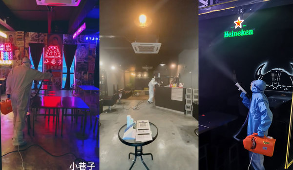 Photos showing Xiao Xiang Zi, MOI & KO Hair Studio, and Viking Village Bar of Music undergoing sanitisation.