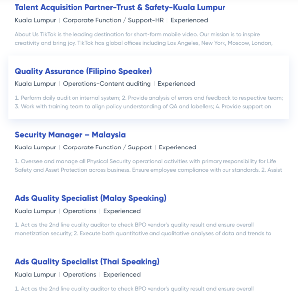 Screenshot showing some other job openings at TikTok.