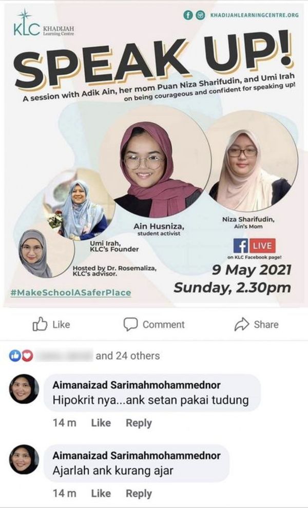 Batu Kawan lawmaker Kasthuri Patto shared the screenshot on Twitter, demanding that the Ministry of Education (MOE) take action against the principal for slandering Ain.