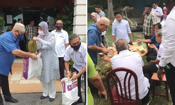 Zuraida at a work event in Batu Pahat on 27 June, with Rashid in the photo (left), and a screenshot of the video of the durian feast with Rashid in a similar shirt (right).