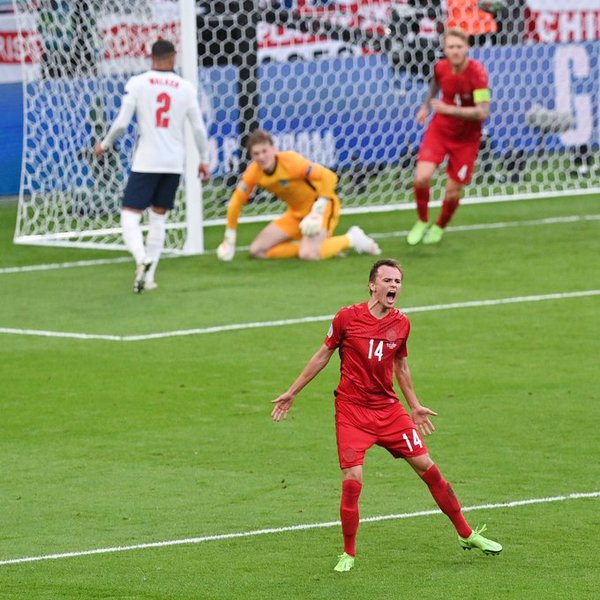 Mikkel Damsgard after scoring the first goal via a beautiful free kick.