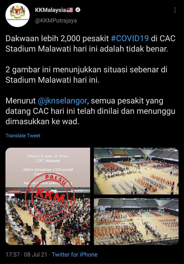 Screenshot of the MOH tweet denying the crowd size.