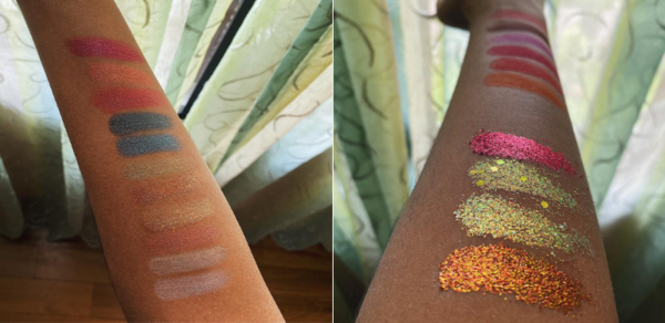 (L-R): Swatches of some metallic shades, matte shades (top right) and glitter shades (bottom right).