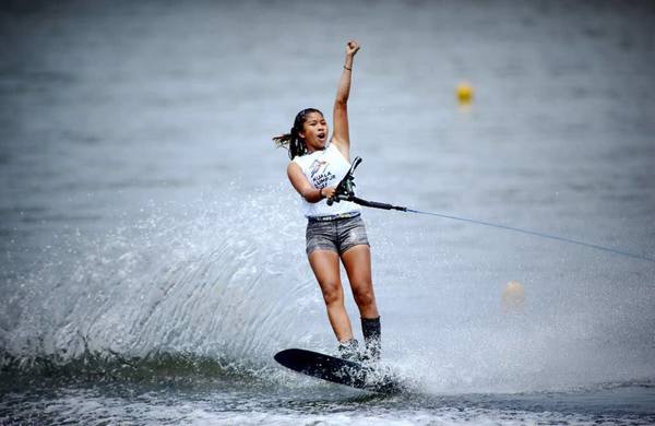 Aaliyah competing in the Waterski open ladies trick event at the 2017 SEA Games on home soil.