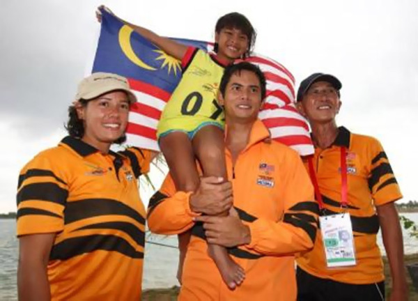 Her elder siblings Philippa (left) and Alex (second from right) had actually medalled at the 2011 SEA Games in the waterski event, when Aaliyah (holding flag) had become the youngest SEA Games gold medallist in history at the tender age of 8.