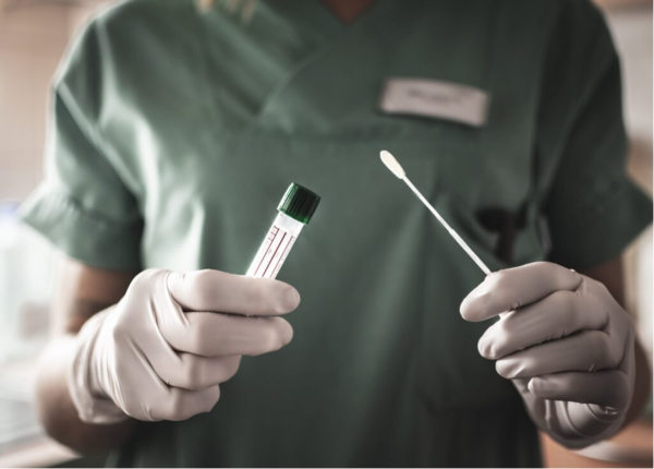 A PCR test requires collecting genetic material samples through nose and throat swabs.