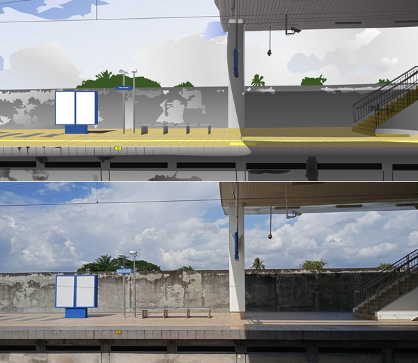 The comparison between Safarina's Microsoft Excel artwork (top) and the real-life photo of the Tasek Gelugor KTM station.