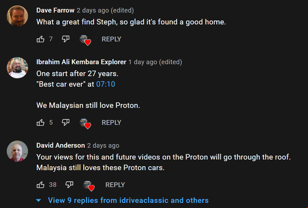 Comments found under idriveaclassic's YouTube video.