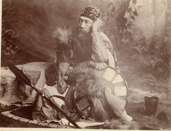 A photo of Captain Speedy donning Ethiopian military or noble garb in 1868.