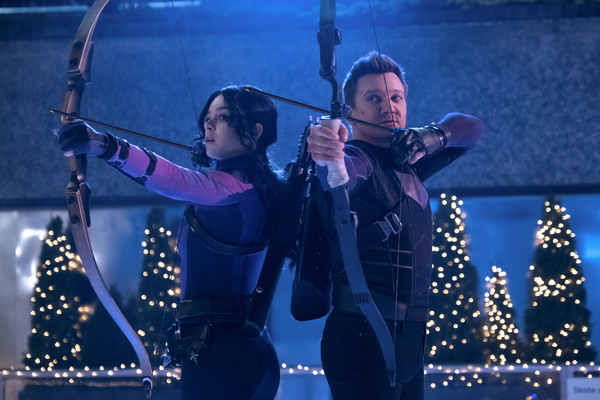 Hailee Steinfeld (left) as Kate Bishop and Jeremy Renner (right) as Hawkeye in Marvel Studios' 'Hawkeye'.