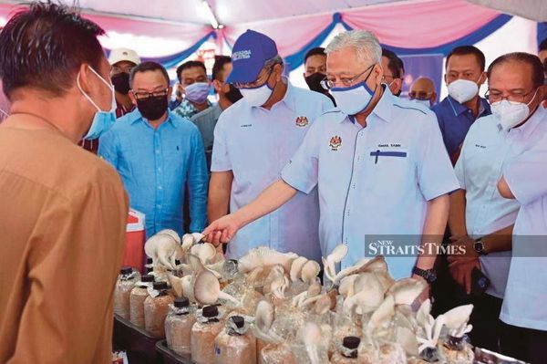 Prime Minister Datuk Seri Ismail Sabri Yaakob visiting an exhibition stall at the launch of the Keluarga Malaysia PEDi centre at the Kampung Durian Tawar public hall in Bera, Pahang. Barisan Nasional is focused on plans to rebuild the country.