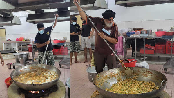 Volunteers at the Gurudwara cook food for the flood-affected victims.