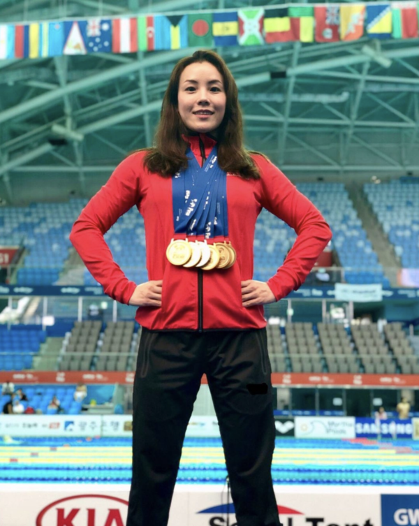 Cindy Ong at the 18th FINA World Masters Championships in Gwangju, South Korea, where she won five gold and two silver medals in 2019.