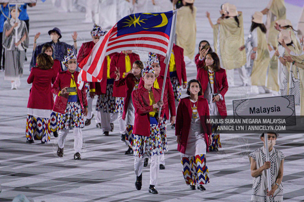 The Malaysian contingent at the Tokyo 2020 Summer Olympics opening ceremony.