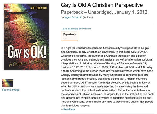 Screengrab of 'Gay Is Ok! A Christian Perspective' listing on Amazon and the book's summary.