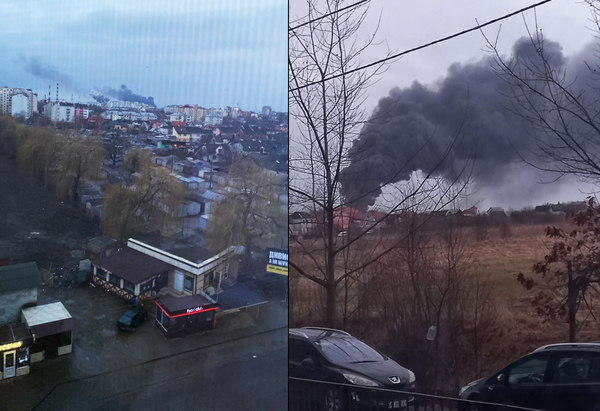 Smoke billows from the Ivano-Frankivsk airport in Western Ukraine on Thursday, 24 February.