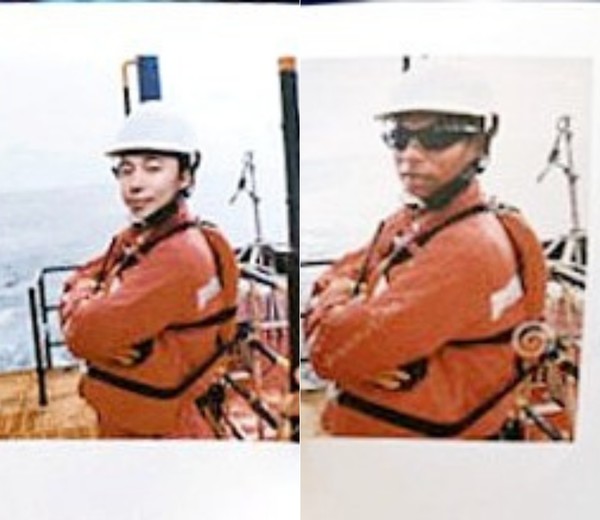 A photo that the suspect sent to the woman to convince her that he worked in an oil rig (left) and another showing the same photo but with another person's face (right).