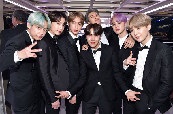 BTS backstage during the 61st Annual GRAMMY Awards in 2019.