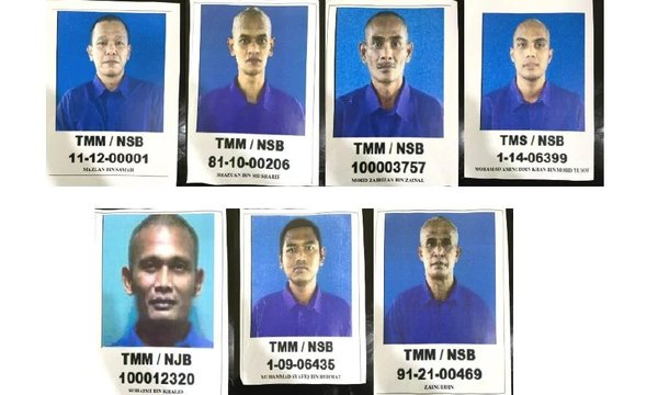 The seven inmates that escaped Jelebu Prison on 10 April. One of the inmates (first from the left, second row) has been recaptured.