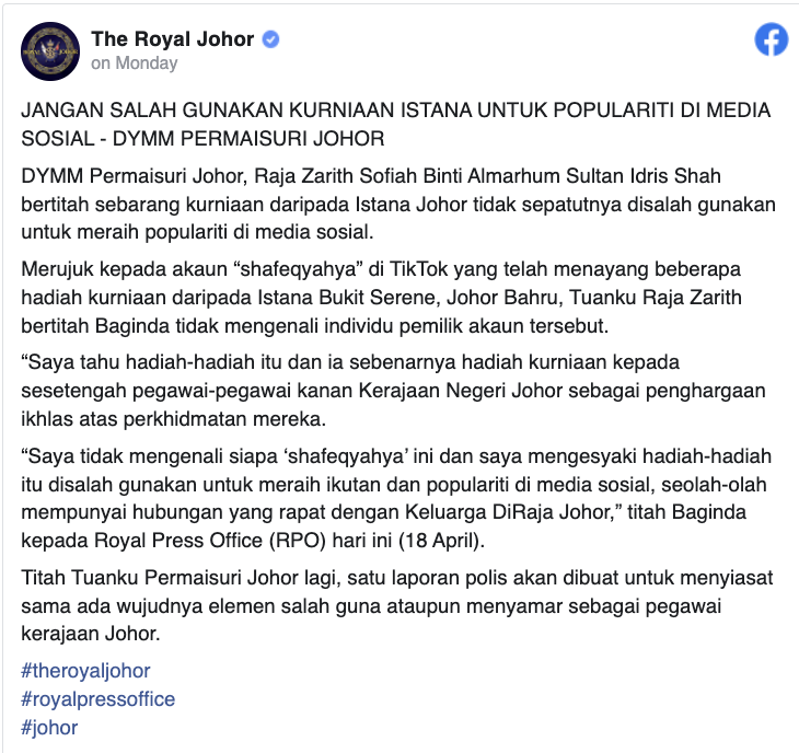 Image from The Royal Johor (Facebook)